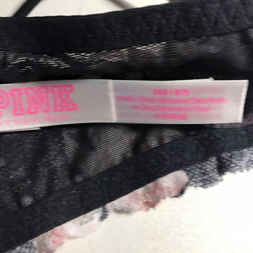 #3462-5 Victoria Secret Pink Pink Black Floral Front Closure Push Up Bra 34B